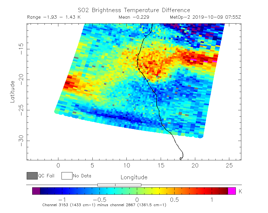 SO2 Brightness Temperature Difference 2019-10-09 07:55Z