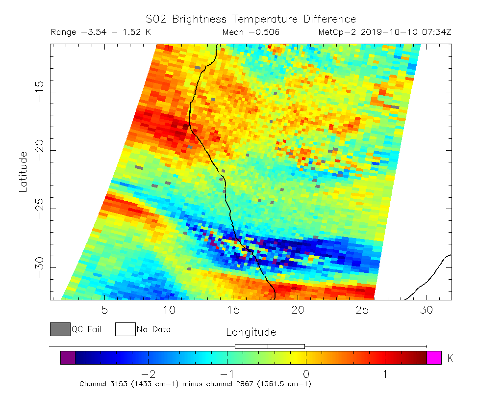 SO2 Brightness Temperature Difference 2019-10-10 07:34Z