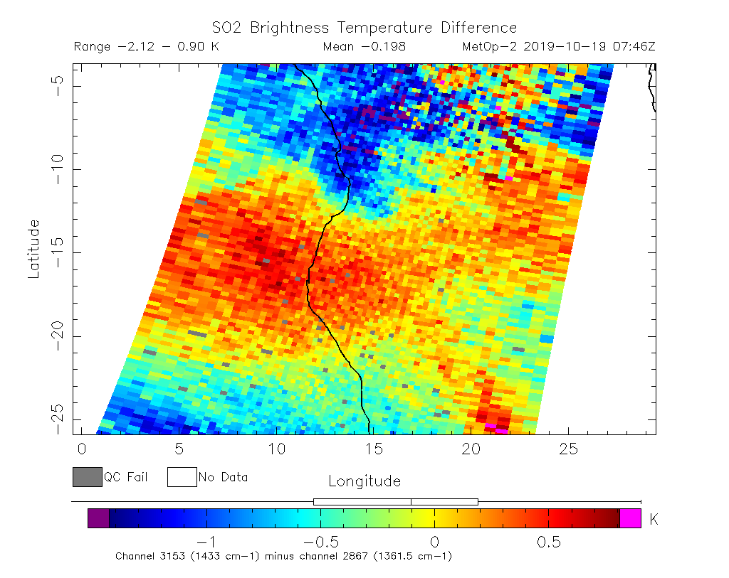 SO2 Brightness Temperature Difference 2019-10-19 07:46Z