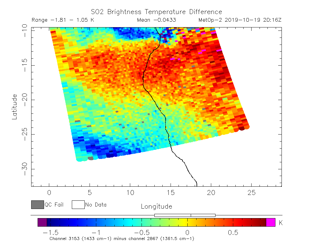 SO2 Brightness Temperature Difference 2019-10-19 20:16Z