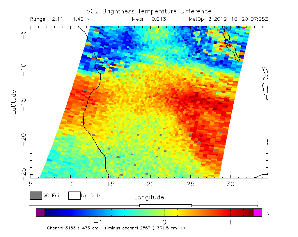 SO2 Brightness Temperature Difference 2019-10-20 07:25Z