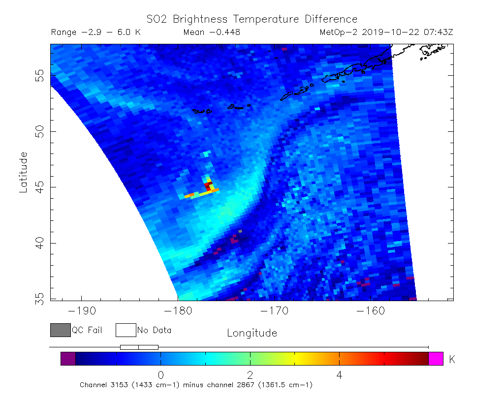 SO2 Brightness Temperature Difference 2019-10-22 07:43Z