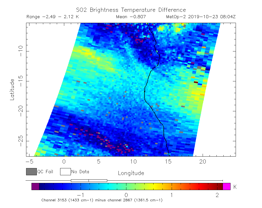 SO2 Brightness Temperature Difference 2019-10-23 08:04Z