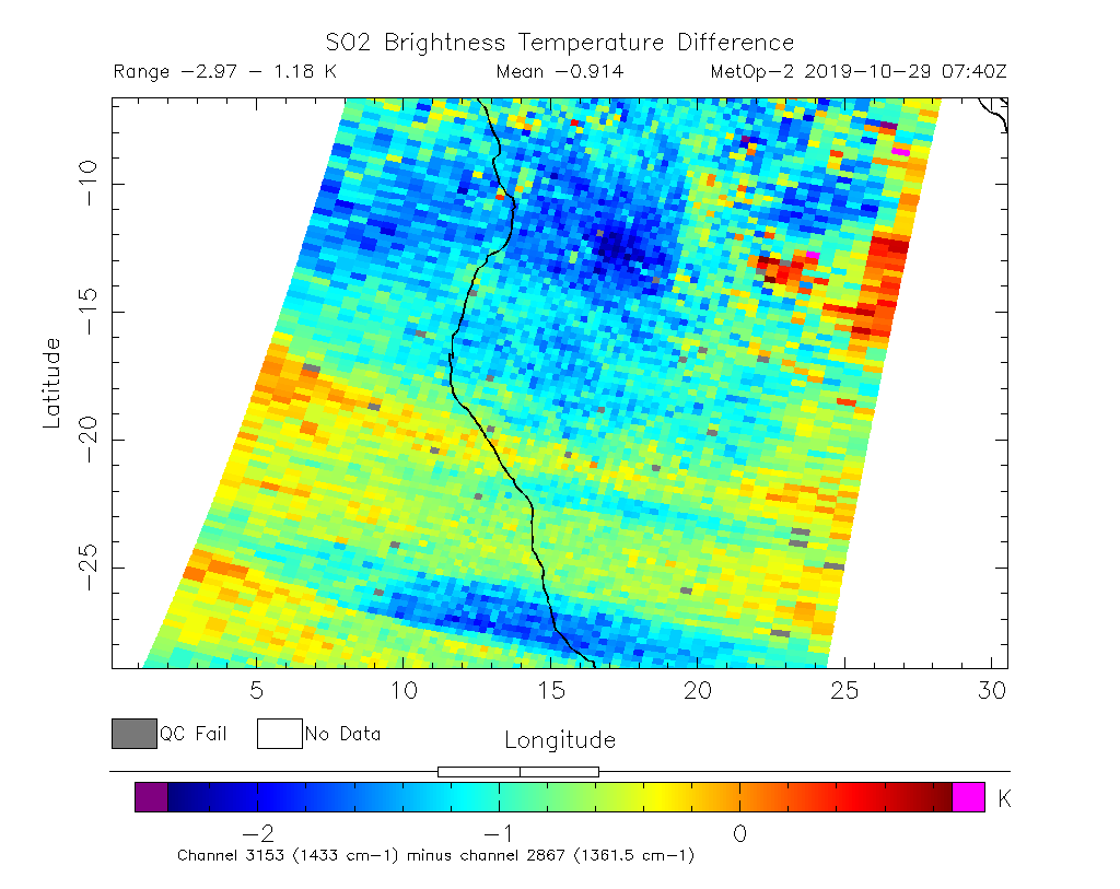 SO2 Brightness Temperature Difference 2019-10-29 07:40Z