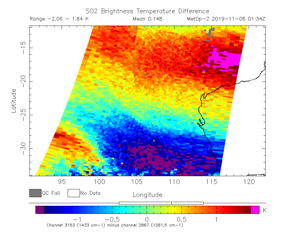 SO2 Brightness Temperature Difference 2019-11-06 01:34Z