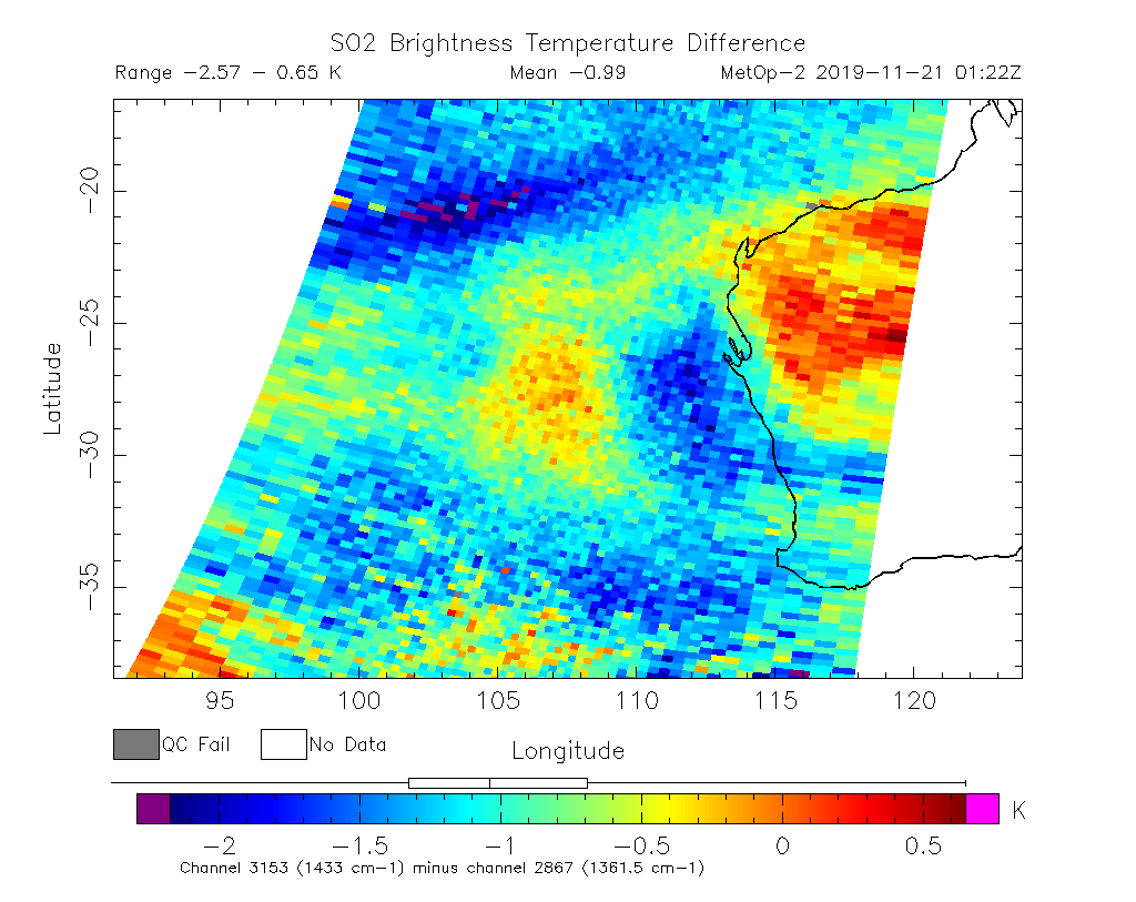 SO2 Brightness Temperature Difference 2019-11-21 01:22Z