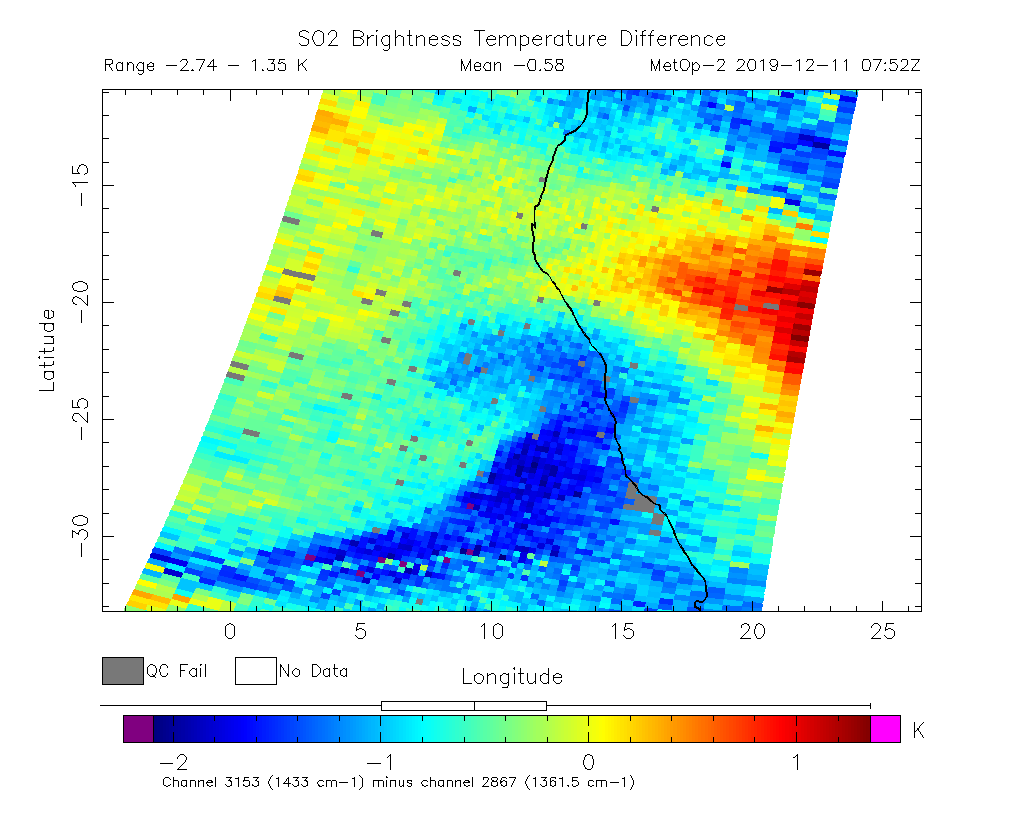 SO2 Brightness Temperature Difference 2019-12-11 07:52Z