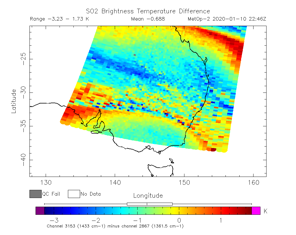 SO2 Brightness Temperature Difference 2020-01-10 22:46Z