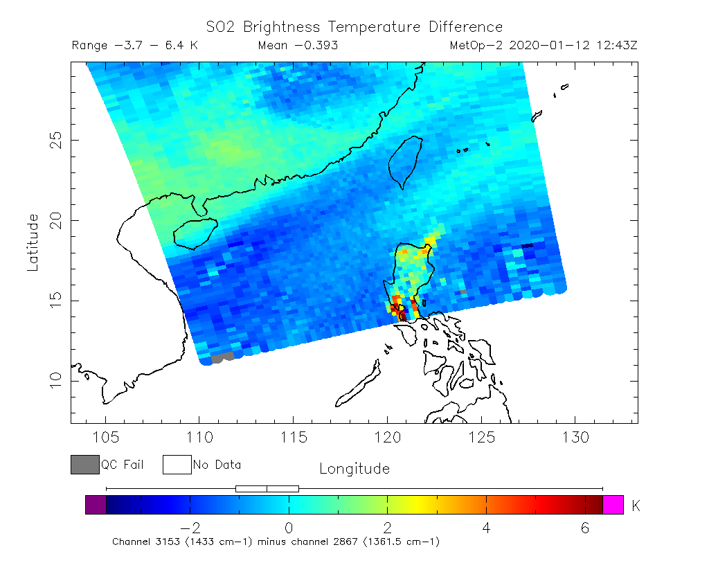 SO2 Brightness Temperature Difference 2020-01-12 12:43Z