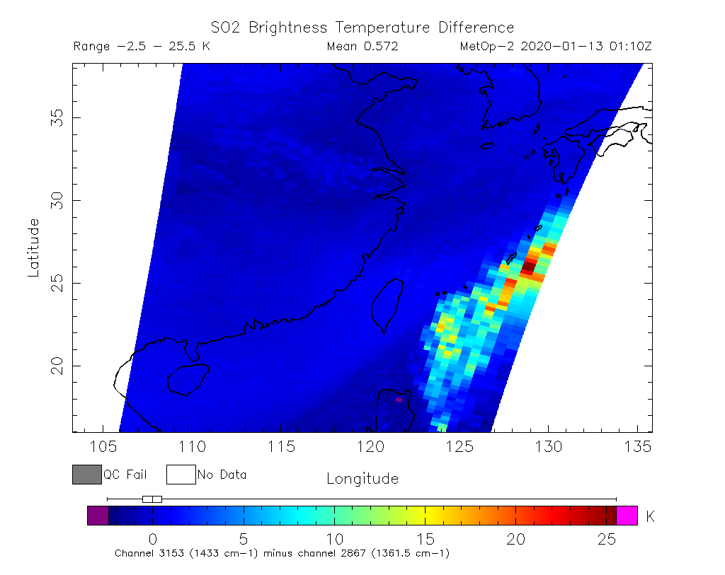 SO2 Brightness Temperature Difference 2020-01-13 01:10Z