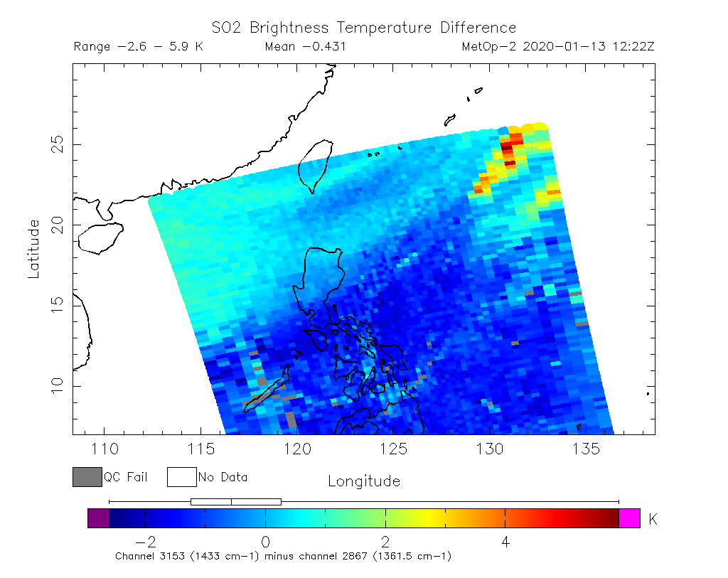 SO2 Brightness Temperature Difference 2020-01-13 12:22Z