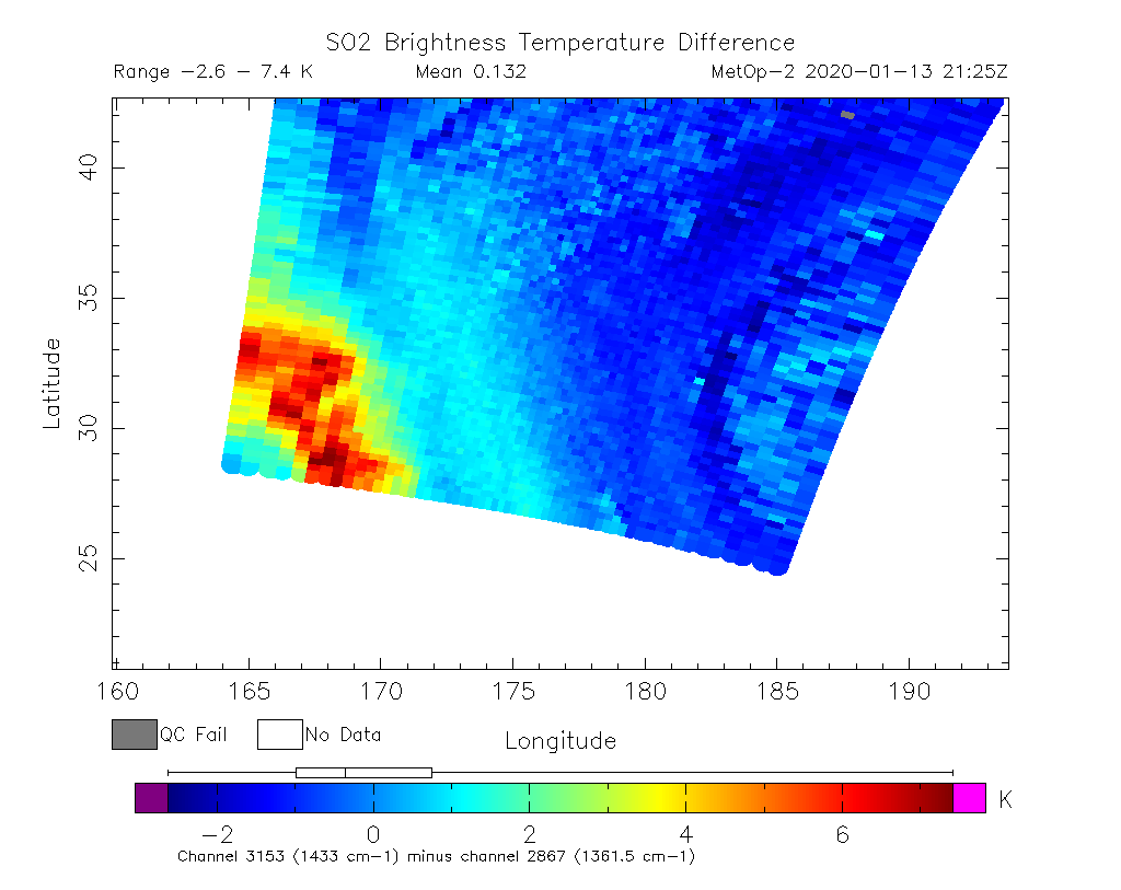 SO2 Brightness Temperature Difference 2020-01-13 21:25Z
