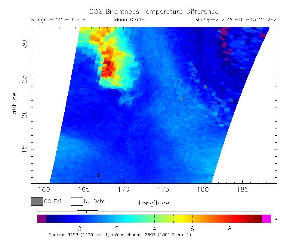 SO2 Brightness Temperature Difference 2020-01-13 21:28Z