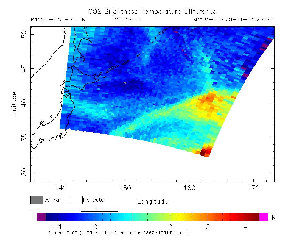 SO2 Brightness Temperature Difference 2020-01-13 23:04Z