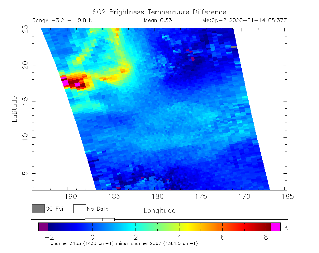 SO2 Brightness Temperature Difference 2020-01-14 08:37Z