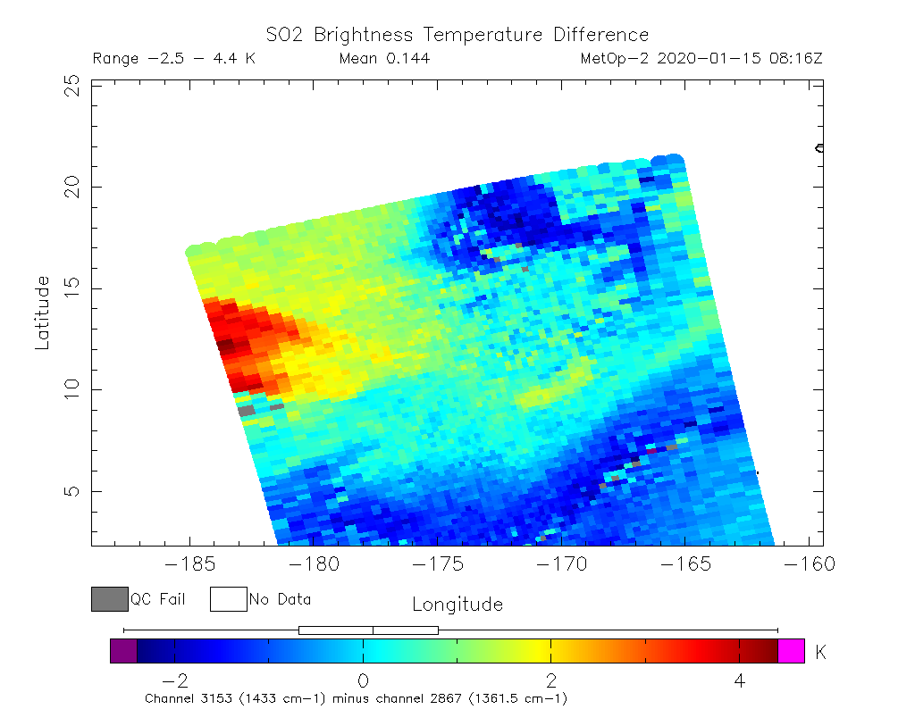 SO2 Brightness Temperature Difference 2020-01-15 08:16Z