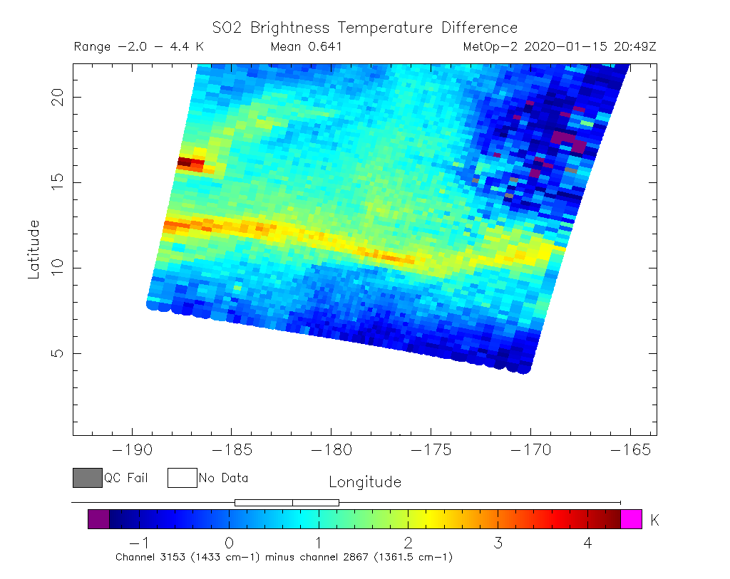 SO2 Brightness Temperature Difference 2020-01-15 20:49Z