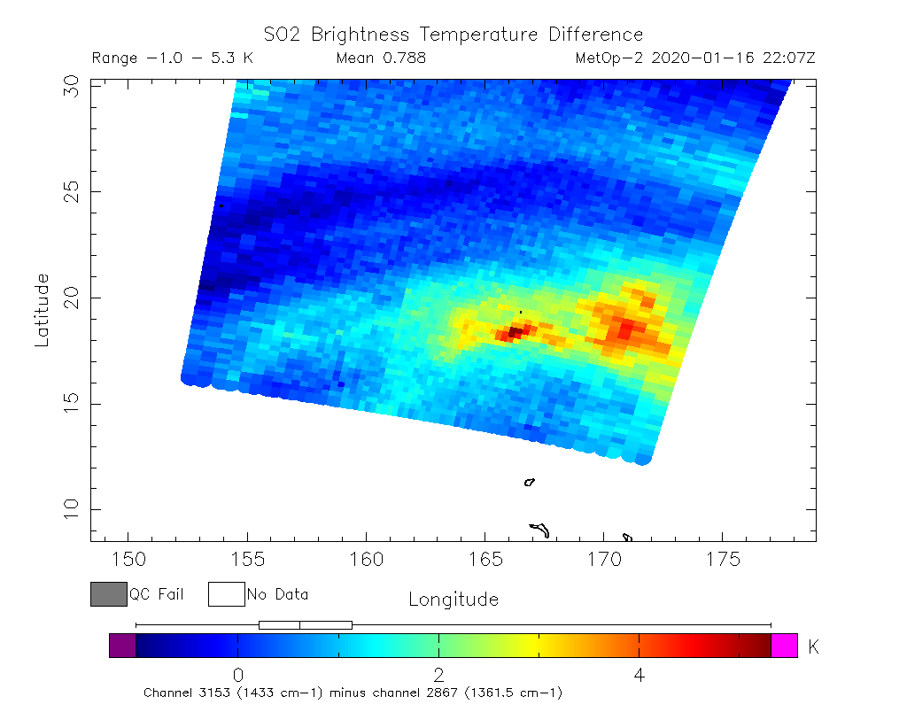 SO2 Brightness Temperature Difference 2020-01-16 22:07Z