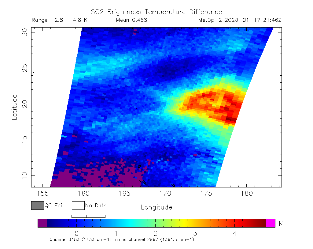 SO2 Brightness Temperature Difference 2020-01-17 21:46Z