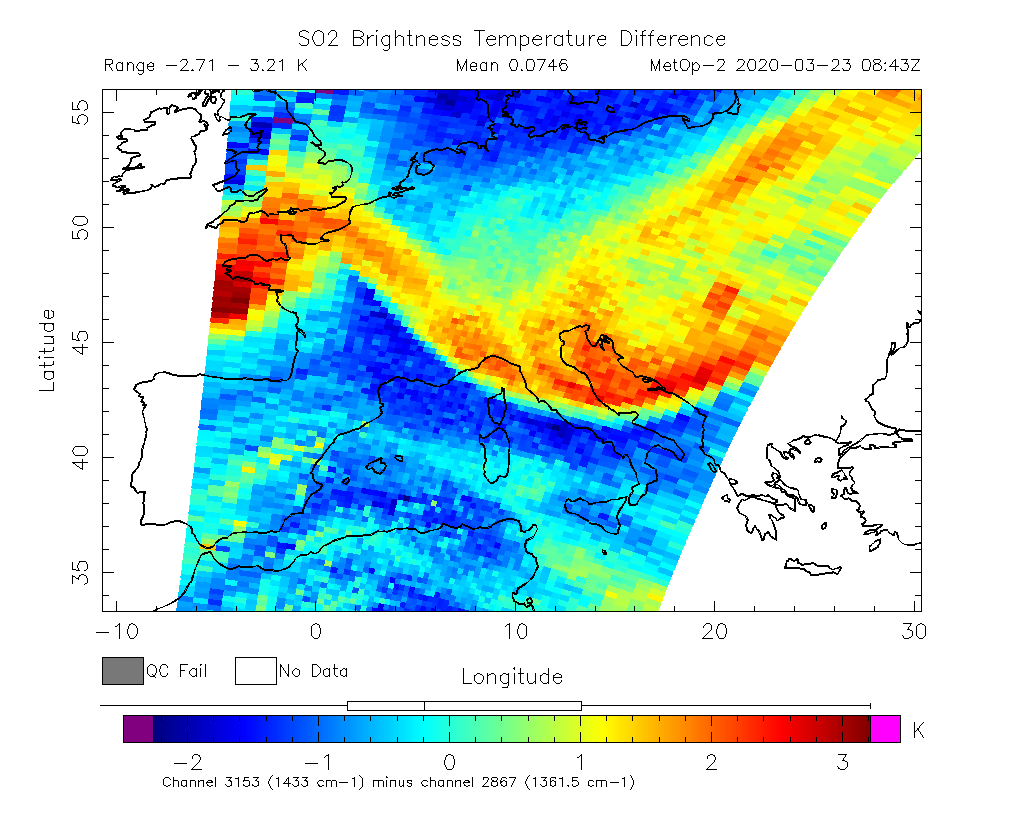 SO2 Brightness Temperature Difference 2020-03-23 08:43Z