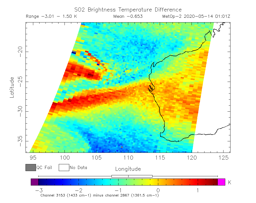 SO2 Brightness Temperature Difference 2020-05-14 01:01Z