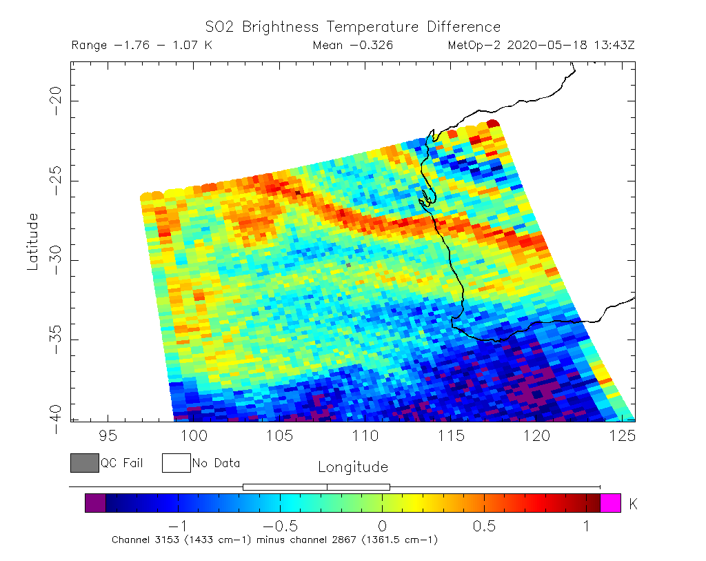 SO2 Brightness Temperature Difference 2020-05-18 13:43Z