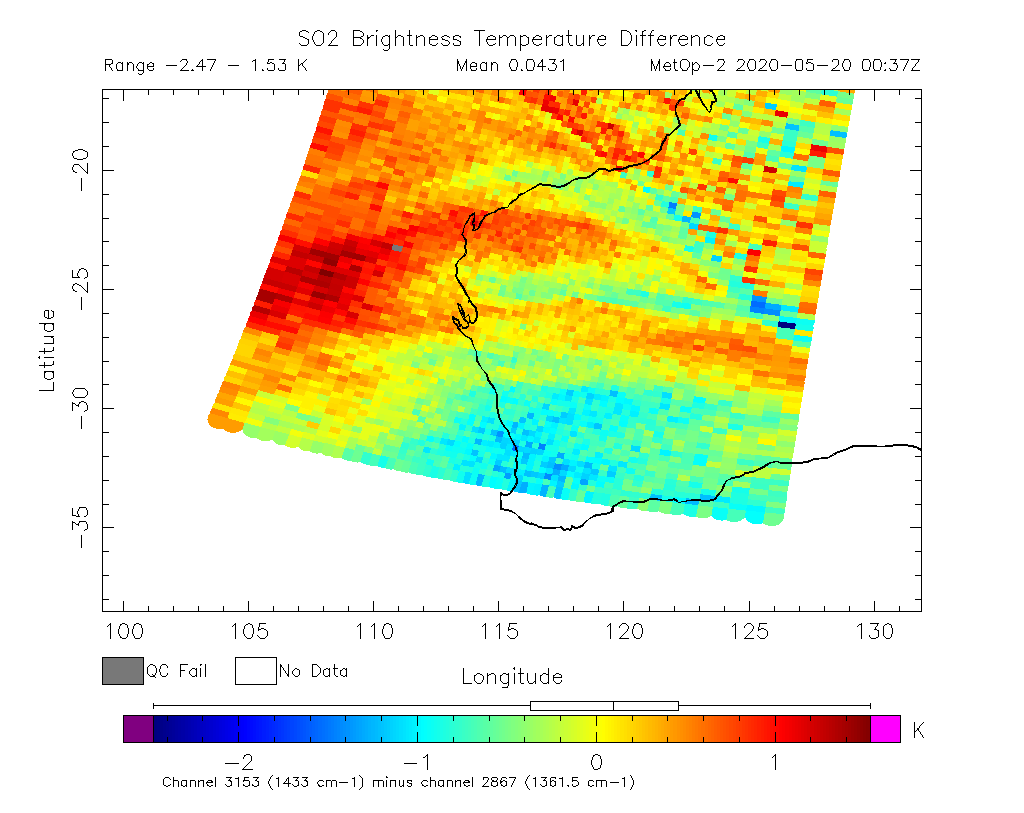 SO2 Brightness Temperature Difference 2020-05-20 00:37Z