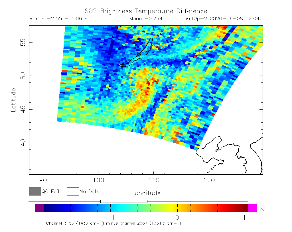 SO2 Brightness Temperature Difference 2020-06-08 02:04Z