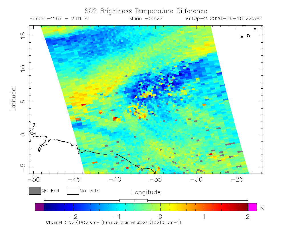 SO2 Brightness Temperature Difference 2020-06-19 22:58Z