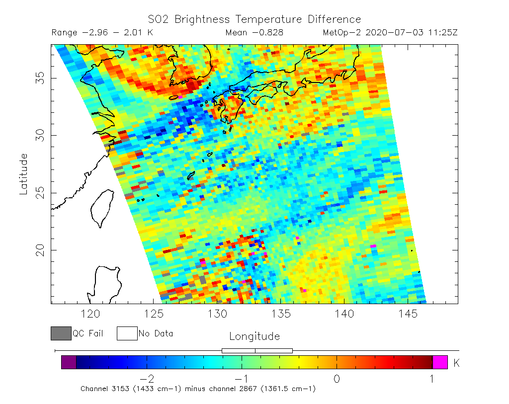 SO2 Brightness Temperature Difference 2020-07-03 11:25Z