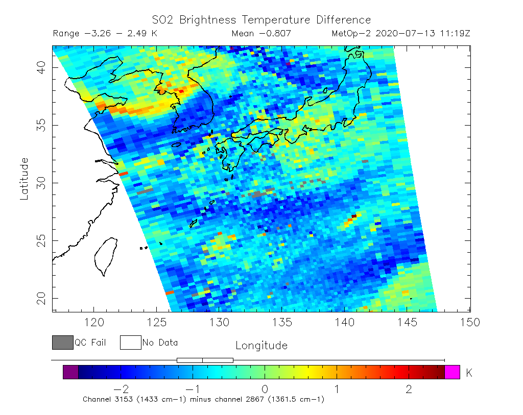 SO2 Brightness Temperature Difference 2020-07-13 11:19Z
