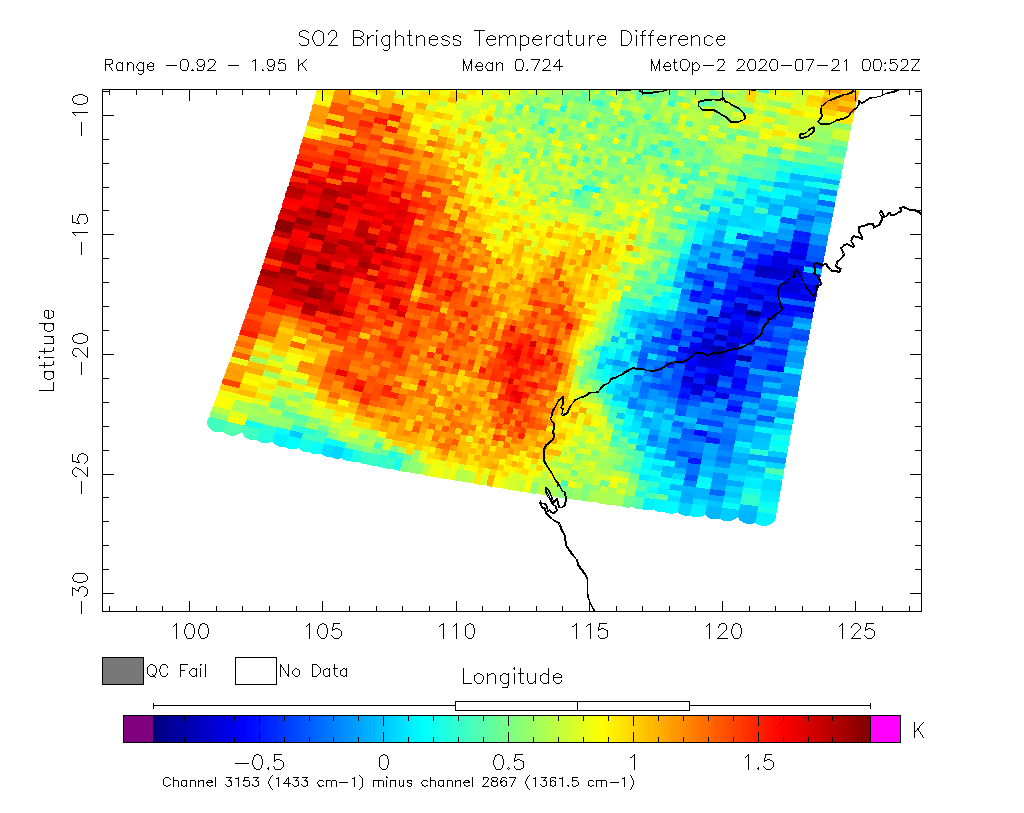 SO2 Brightness Temperature Difference 2020-07-21 00:52Z