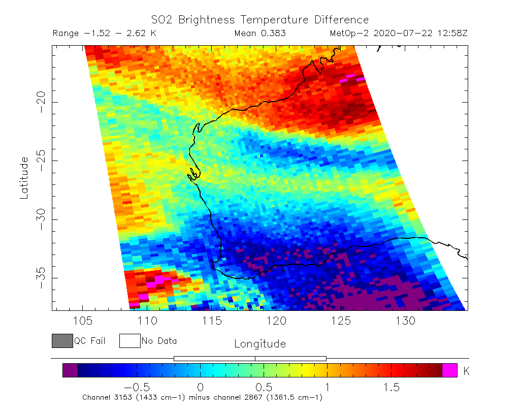 SO2 Brightness Temperature Difference 2020-07-22 12:58Z