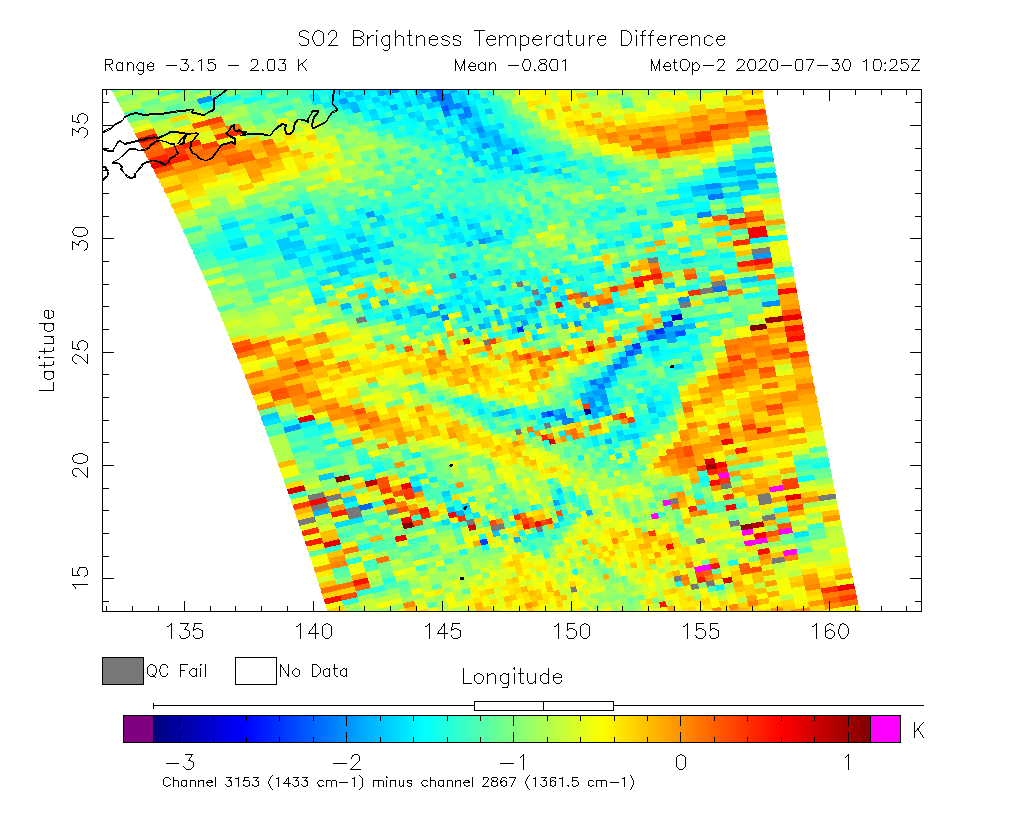 SO2 Brightness Temperature Difference 2020-07-30 10:25Z