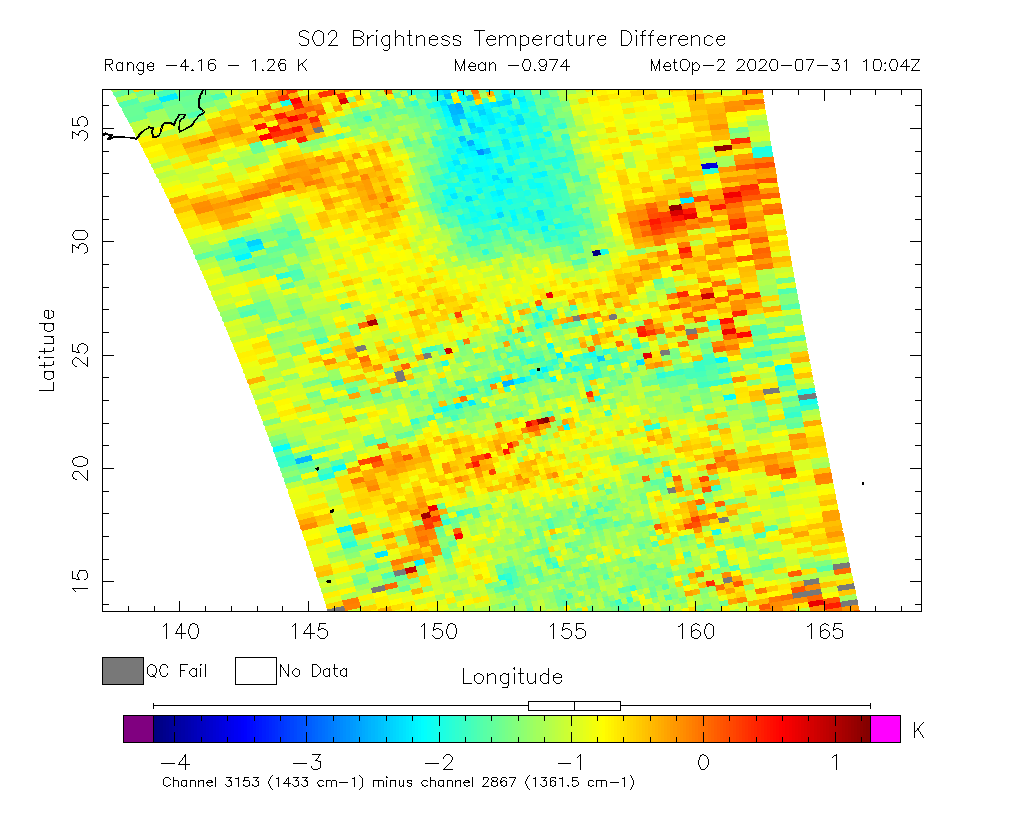 SO2 Brightness Temperature Difference 2020-07-31 10:04Z