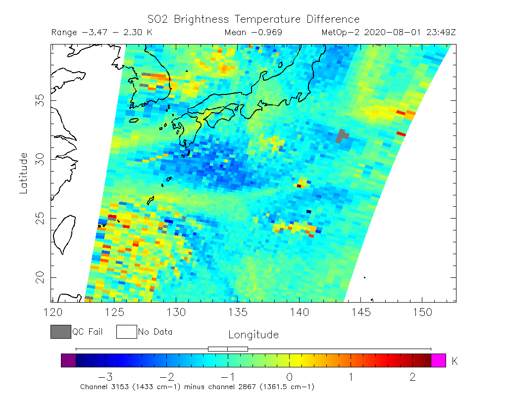 SO2 Brightness Temperature Difference 2020-08-01 23:49Z