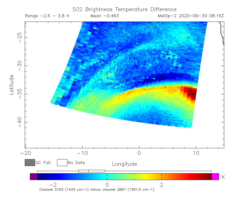 SO2 Brightness Temperature Difference 2020-09-30 08:16Z