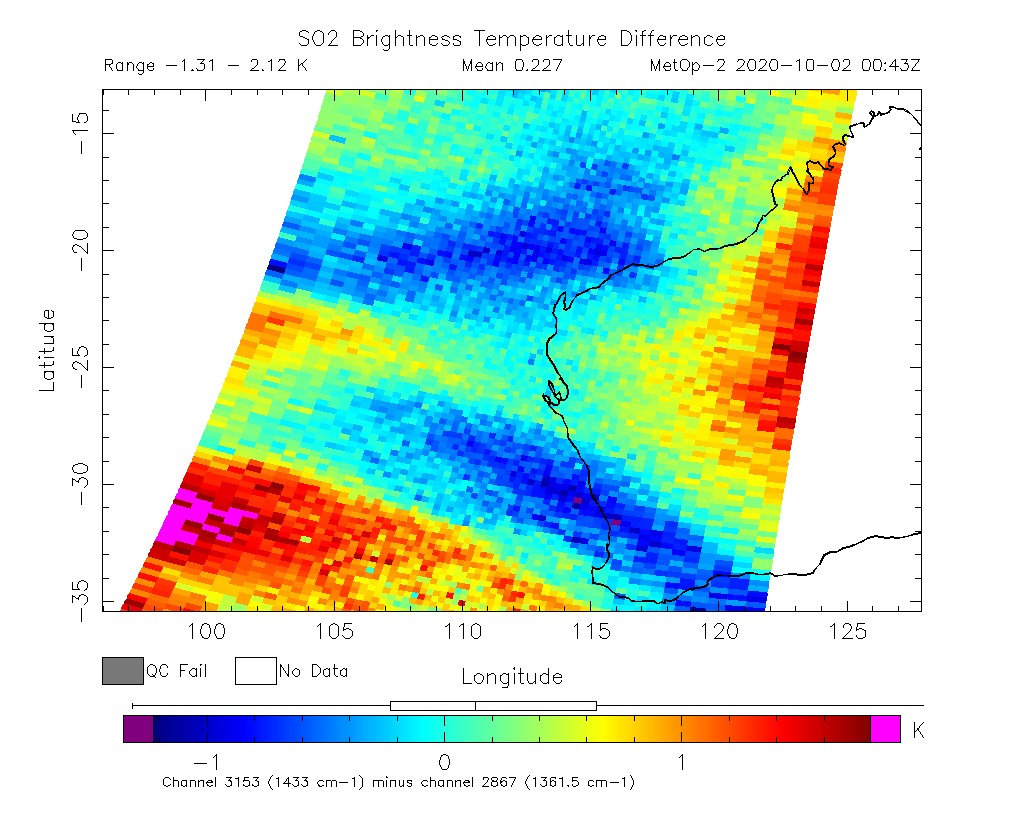 SO2 Brightness Temperature Difference 2020-10-02 00:43Z