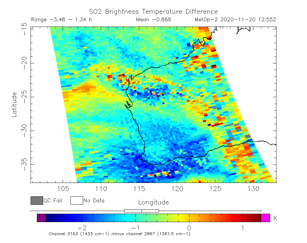 SO2 Brightness Temperature Difference 2020-11-20 12:55Z