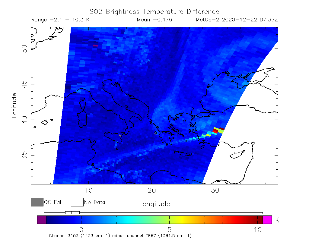 SO2 Brightness Temperature Difference 2020-12-22 07:37Z