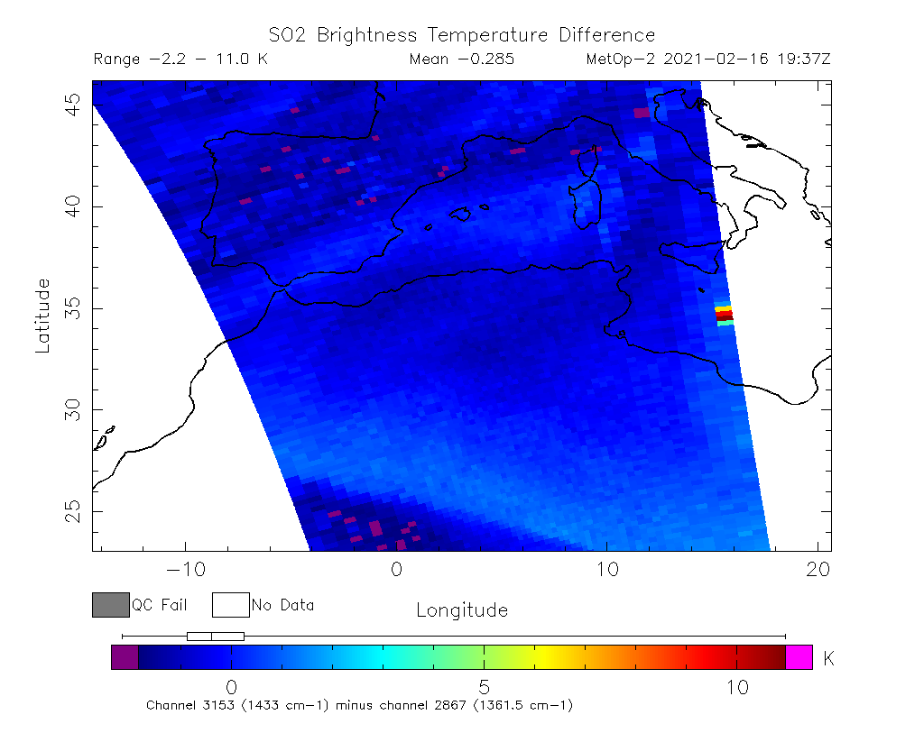 SO2 Brightness Temperature Difference 2021-02-16 19:37Z