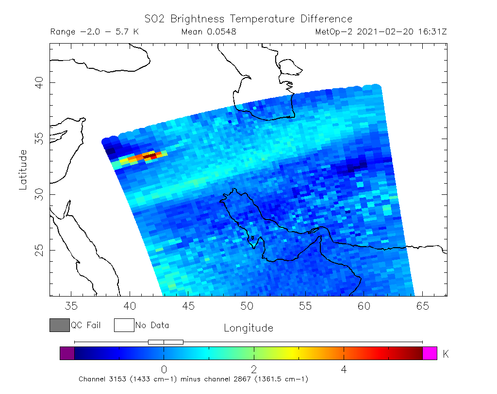 SO2 Brightness Temperature Difference 2021-02-20 16:31Z