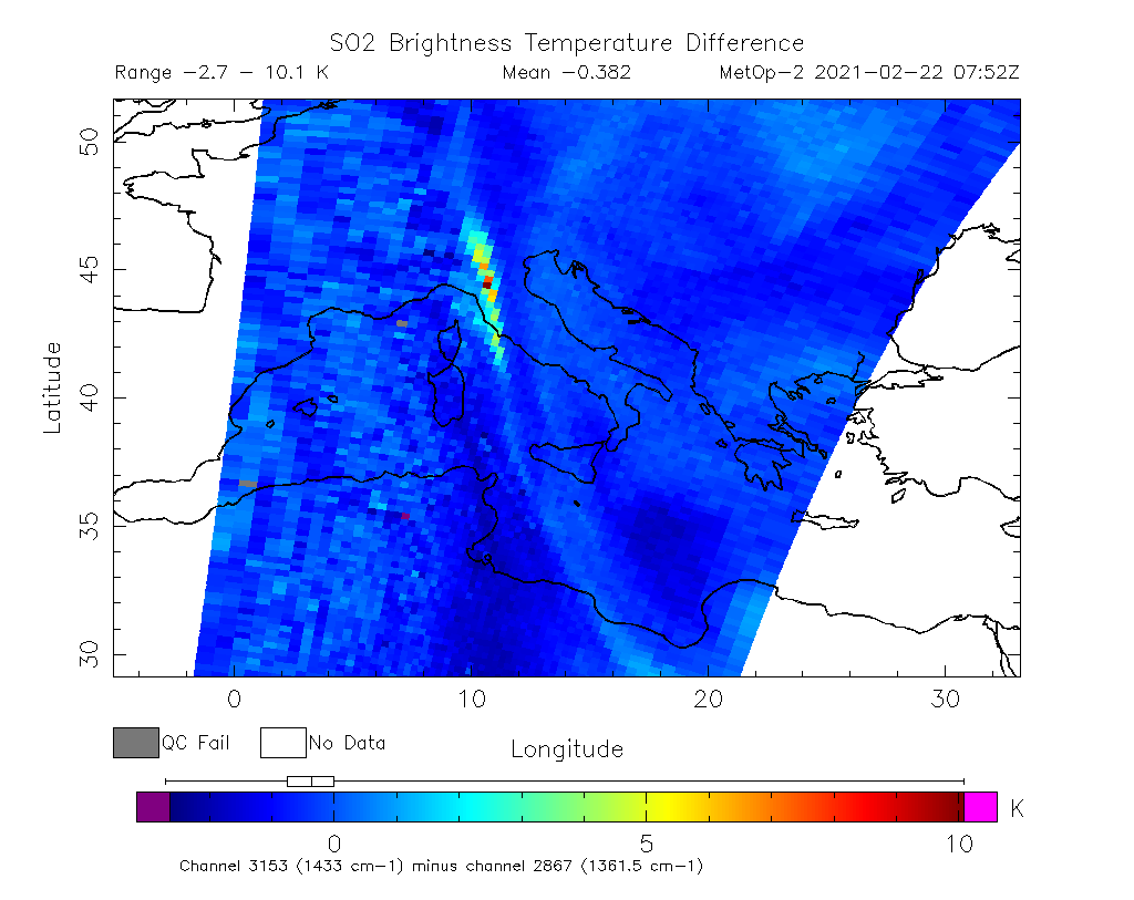 SO2 Brightness Temperature Difference 2021-02-22 07:52Z