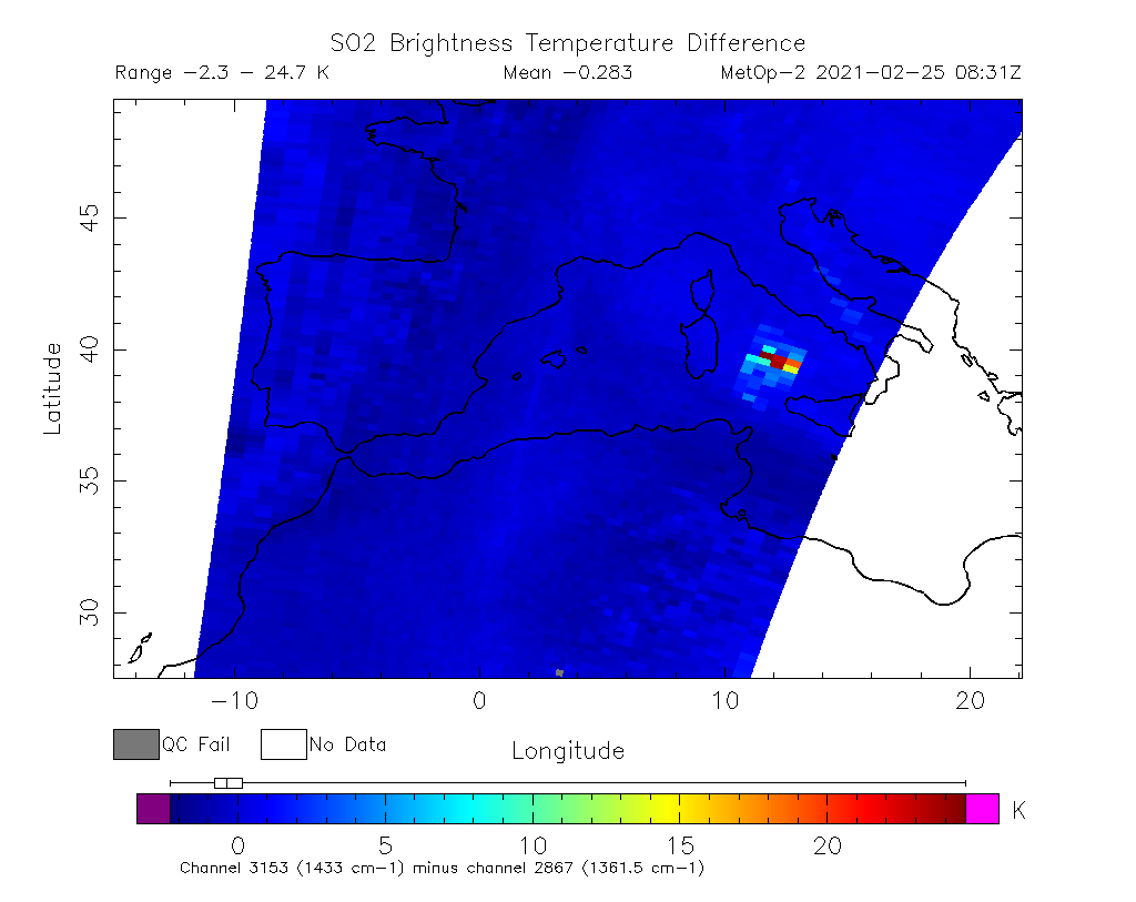 SO2 Brightness Temperature Difference 2021-02-25 08:31Z