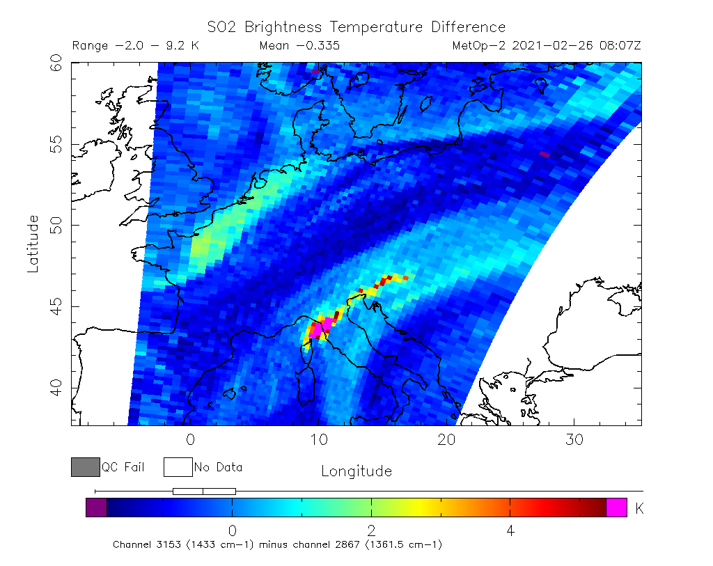 SO2 Brightness Temperature Difference 2021-02-26 08:07Z
