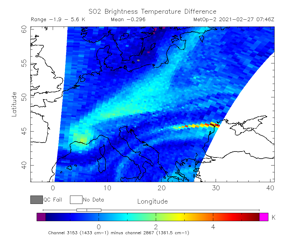 SO2 Brightness Temperature Difference 2021-02-27 07:46Z