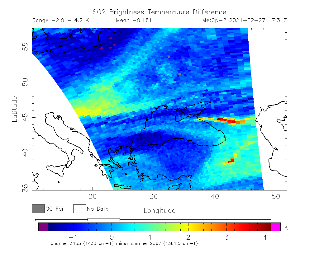 SO2 Brightness Temperature Difference 2021-02-27 17:31Z