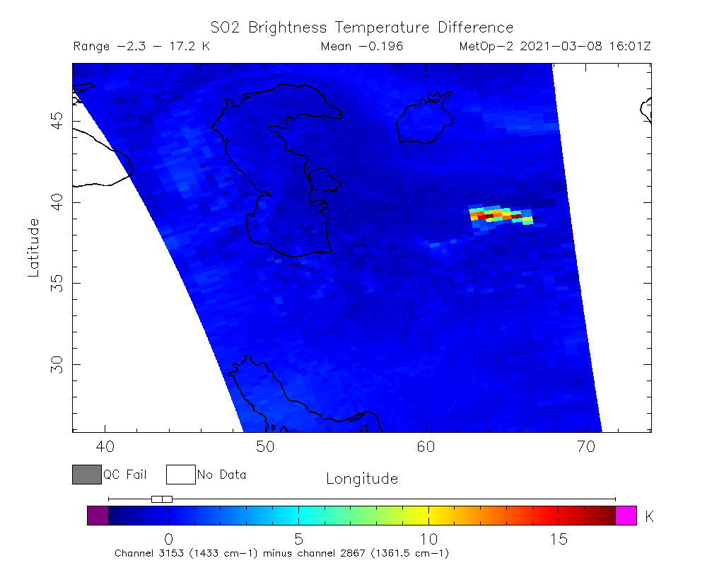 SO2 Brightness Temperature Difference 2021-03-08 16:01Z