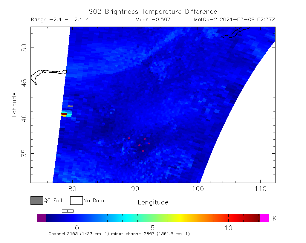 SO2 Brightness Temperature Difference 2021-03-09 02:37Z
