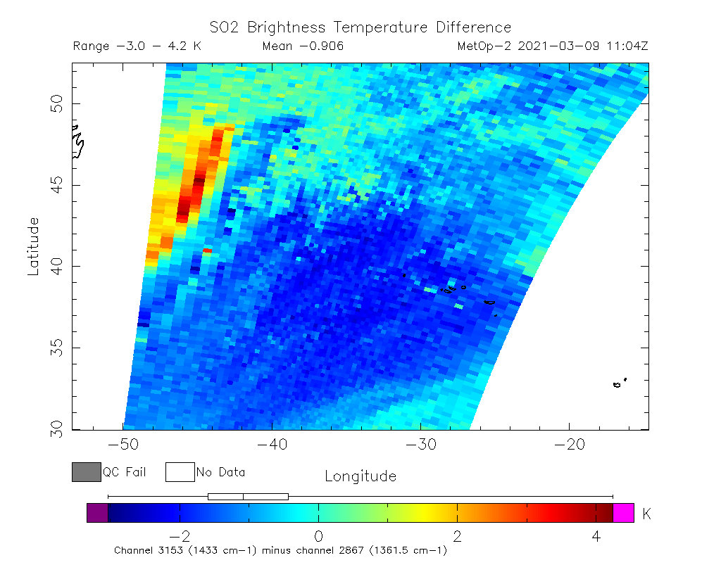 SO2 Brightness Temperature Difference 2021-03-09 11:04Z